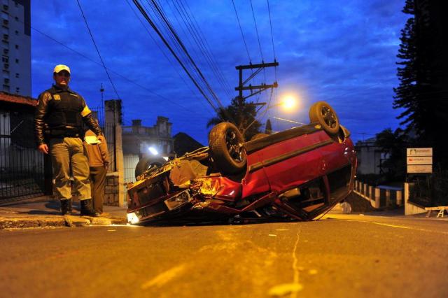 Carro colide contra árvore e capota em rua da Capital Bruno Alencastro/Agencia RBS Carro colide contra árvore e capota em rua da Capital Bruno Alencastro/Agencia RBS