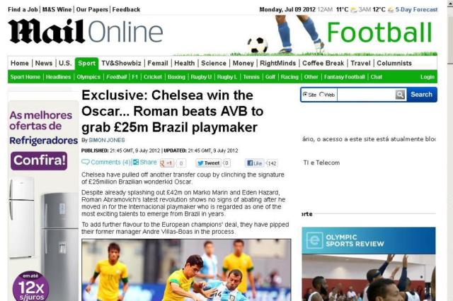 Jornal inglês divulga acerto do Chelsea por Oscar por 25 milhões de libras dailymail.co.uk/Reprodução Jornal inglês divulga acerto do Chelsea por Oscar por 25 milhões de libras dailymail.co.uk/Reprodução
