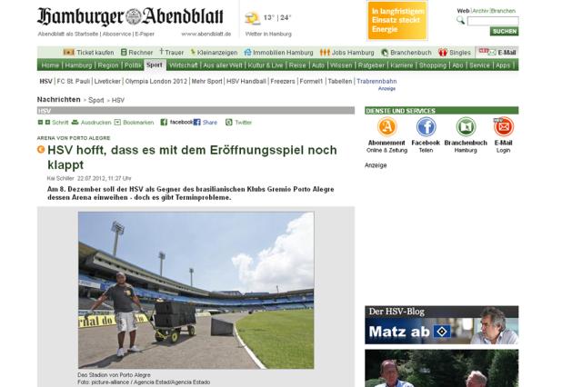 Jornal alemão comete nova gafe ao noticiar o Hamburgo na Arena do Grêmio HamburgerAbendblatt / Reprodução/ Jornal alemão comete nova gafe ao noticiar o Hamburgo na Arena do Grêmio HamburgerAbendblatt / Reprodução/