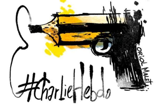 Cartunistas prestam homenagens aos mortos no atentado na redação da revista Charlie Hebdo  Oriol Malet/Reprodução/Twitter