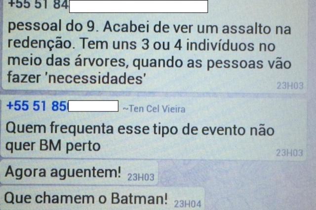 Campanha em apoio a oficial que mandou "chamar o Batman" recebe mais de 1,2 mil compartilhamentos no Facebook Reprodução/Facebook Campanha em apoio a oficial que mandou "chamar o Batman" recebe mais de 1,2 mil compartilhamentos no Facebook Reprodução/Facebook