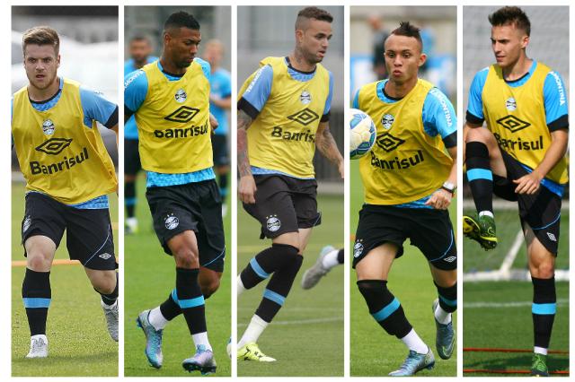 Grêmio aposta em cinco guris lapidados por Roger contra o Flu Montagem sobre fotos de Lucas Uebel/Grêmio, Divulgação/ Grêmio aposta em cinco guris lapidados por Roger contra o Flu Montagem sobre fotos de Lucas Uebel/Grêmio, Divulgação/