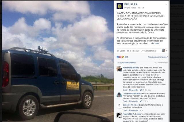 Radar no teto de viatura da PRF para multar veículos em alta velocidade? Saiba qual a verdade Reprodução/Facebook Radar no teto de viatura da PRF para multar veículos em alta velocidade? Saiba qual a verdade Reprodução/Facebook