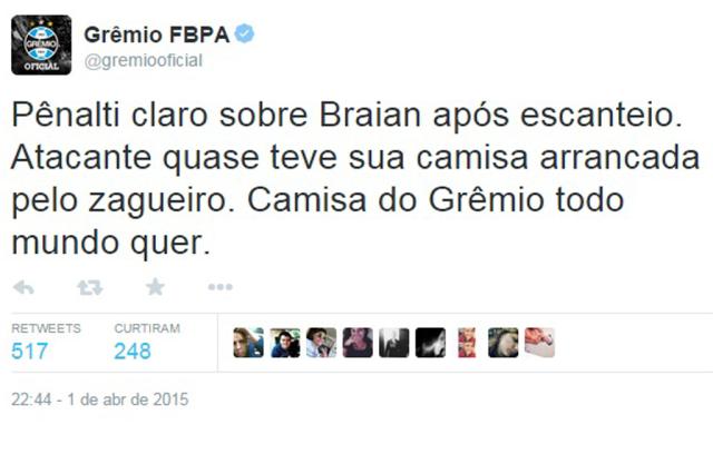 Twitter oficial do Grêmio ironiza surto do colorado Fabrício