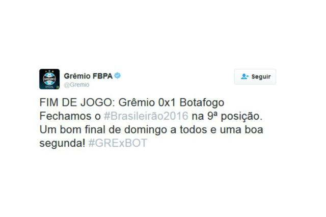 Grêmio provoca o Inter no Twitter: Um bom final de domingo a todos e uma boa segunda