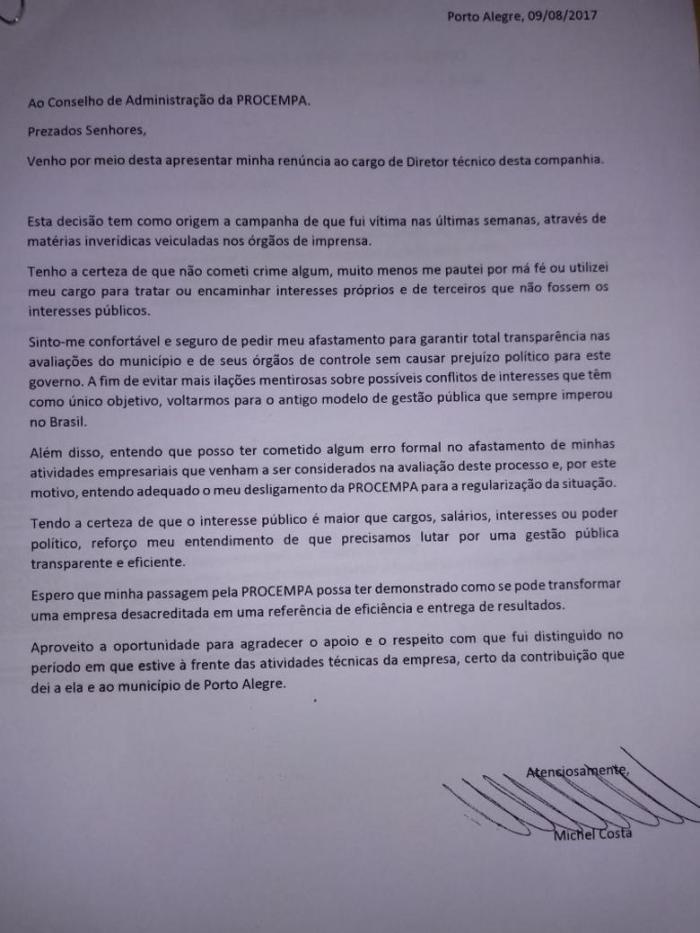 Em carta de demissão, Michel Costa admite "erro formal" em atividades empresariais